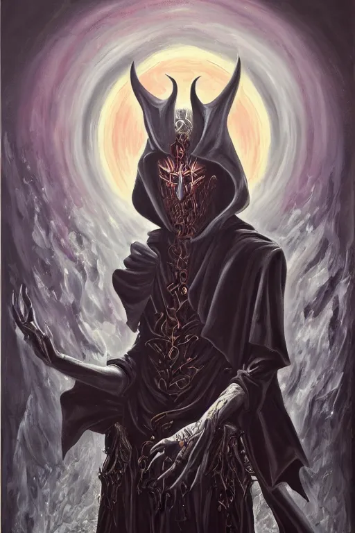 Image similar to portrait of an sinister mysterious prophetic bright cult leader performing a dark sacrifice, oil on canvas, fantasy, gothic style, ornate, elegant, highly detailed, surreal, concept art, trending on artstation