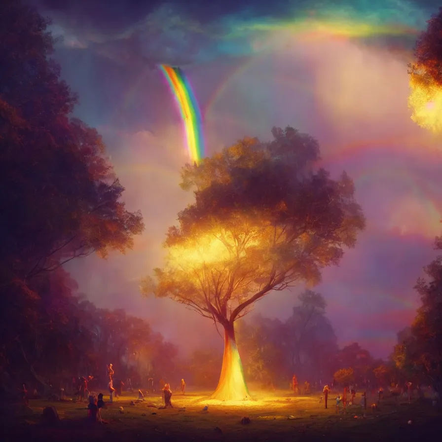 Image similar to idyllic carnival inside a tree cavity, rainbow across the sky, ethereal, golden swirling dust, iridescent, atmospheric, volumetric, cinematic, light breaking through clouds, greg rutkowski, wlop, otherworldly, glowing, trending on artstation, 8 k, unreal engine