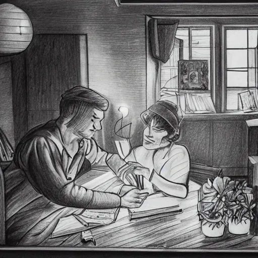 Image similar to A beautiful drawing of a man and a woman sitting in a room. The woman is reading a book while the man is writing at a desk. The light from the window illuminates the room and the couple. The couple is surrounded by a few items in the room, including a globe and a few potted plants. fluorescent orange by Albert Lynch, by Shinji Aramaki, by Quint Buchholz distorted, rigorous