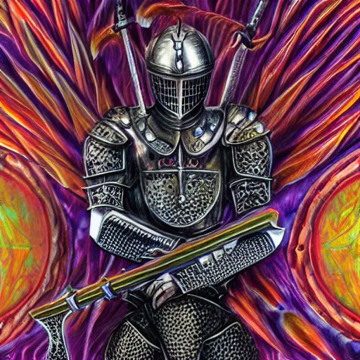 Image similar to medieval fantasy armored knight, by alex grey, TOOL band art, psychedelic, fractals, detailed, 8K