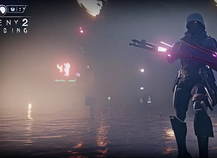 Image similar to 4k 60fps in-game Destiny 2 gameplay showcase, dark, misty, foggy, flooded, rainy manhattan street in Destiny 2, liminal, dark, dystopian, large creatures in distance, abandoned, highly detailed