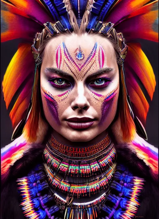 Image similar to portrait of margot robbie, hyper detailed ultra sharp aztec shaman warrior. trending on artstation, warpaint aesthetic, bloodwave, colorful, psychedelic, ornate, intricate, digital painting, concept art, smooth, sharp focus, illustration, art by artgerm and greg rutkowski and h. r. giger, 8 k