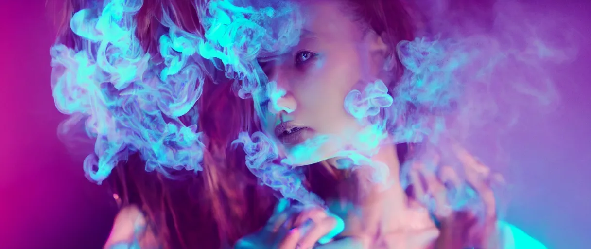 Prompt: photo of slim girl, 20yo, close-up, high detail, studio,profile pose, bust shot, high detail, studio, high detail, smoke, sharp, neon lights, smoke, sharp, Blue violet light, studio, smoke, sharp, cyberpunk, 85mm Sigma Artneon cross art lens