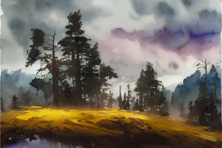 Prompt: small centered on watercolor paper, paint brush strokes, abstract watercolor painting of ragnarok at nightfall, pine trees, viking mythology, cinematic light, american romanticism by hans dahl, by jesper ejsing, by anders zorn, by greg rutkowski, by greg manchess, by tyler edlin