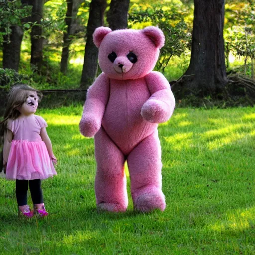 Image similar to a pink teddy bear witch teaching younger teddy bears