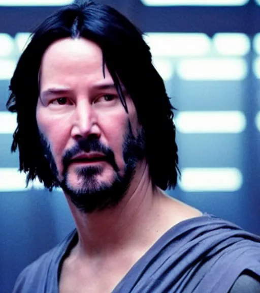 Image similar to keanu reeves as a jedi master with a blue lightsaber, perfect symmetrical face, full moon, moody lighting, 8 k, shallow depth of field, intricate detail,
