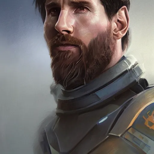 Image similar to portrait of lionel messi by greg rutkowski, space marine commander, messy blond hair, beard, tall and muscular, star wars expanded universe, he is about 3 0 years old, wearing a flying jacket, distrustful and arrogant, highly detailed portrait, digital painting, artstation, concept art, smooth, sharp foccus ilustration, artstation hq