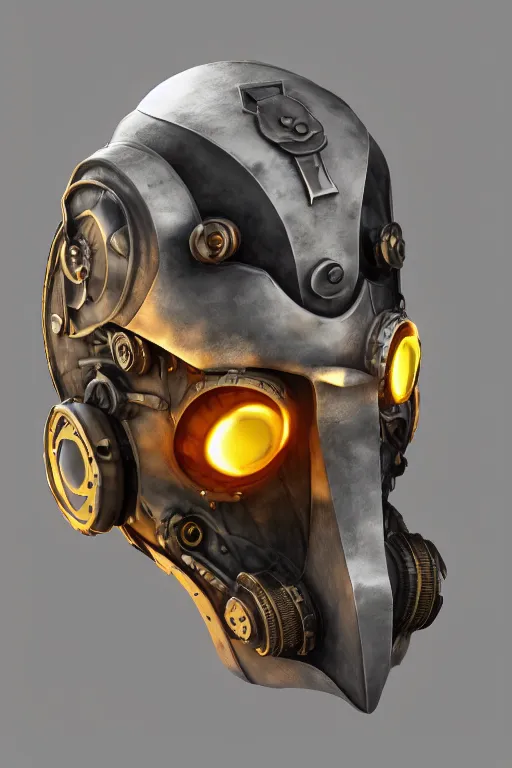 Image similar to steampunk mask minimalist fantasy art robot ninja helmet, global illumination ray tracing hdr fanart arstation by sung choi and eric pfeiffer and gabriel garza and casper konefal radiating a glowing aura