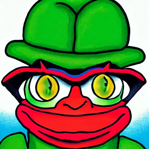 Image similar to A colorful pepe the frog clown, crazy, funny, stupid