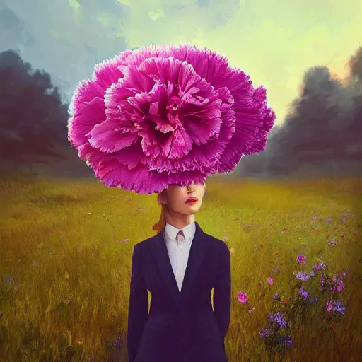 Image similar to giant carnation flower head, frontal, girl in a suit, surreal photography, sunrise, dramatic light, impressionist painting, digital painting, artstation, simon stalenhag