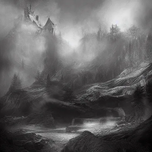 Image similar to michal karcz charcoal drawing of a beautiful landscape. , horror theme, detailed, elegant, intricate, 4k,