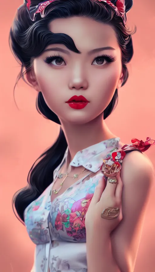 Image similar to a pin up and beautiful fashion and charming and dreamlke asian girl with lv jewelry, medium shot, art by artgerm & ross tran & wlop, hyperdetailed, 8 k realistic, symmetrical, frostbite 3 engine, cryengine, dof, trending on artstation, digital art