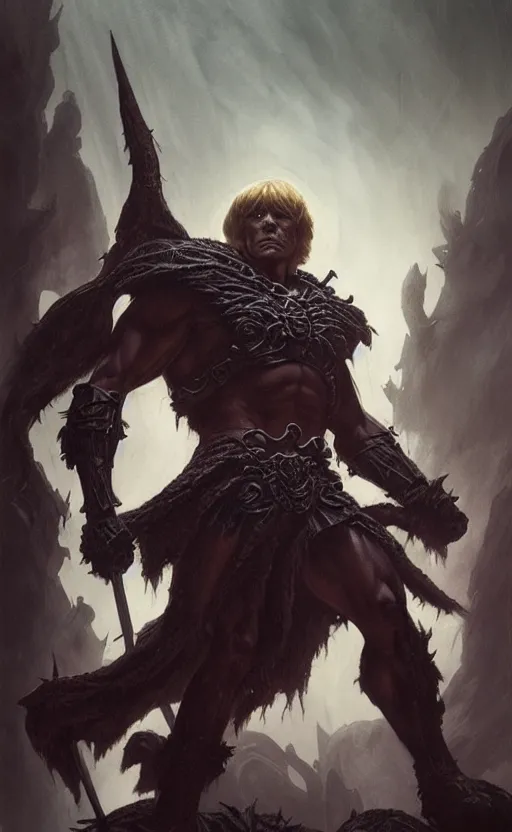 Image similar to uncut full boydy of he - man, dark and mysterious and eerie and ominous character, cinematic, epic, highly detailed, intricate, illustration, artwork by marcus whinney and greg rutkowski