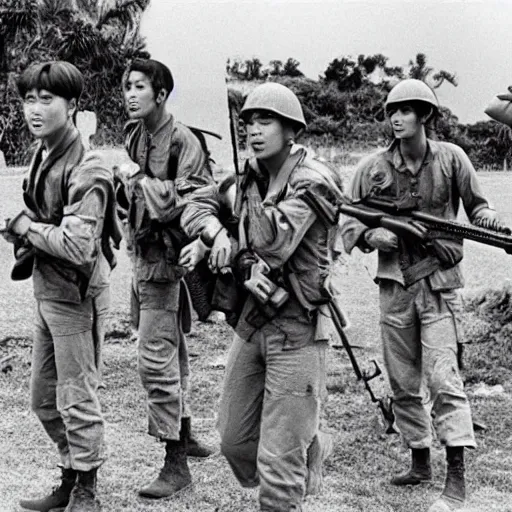 Image similar to BTS boyband fighting in the Vietnam war, historical photo, vintage photo, 1965