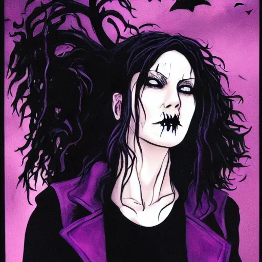 Image similar to A portrait of the character, Death, a young Goth girl wearing a black vest, Vertigo Comics, The Sandman written by Neil Gaiman, against a stormy purple sky