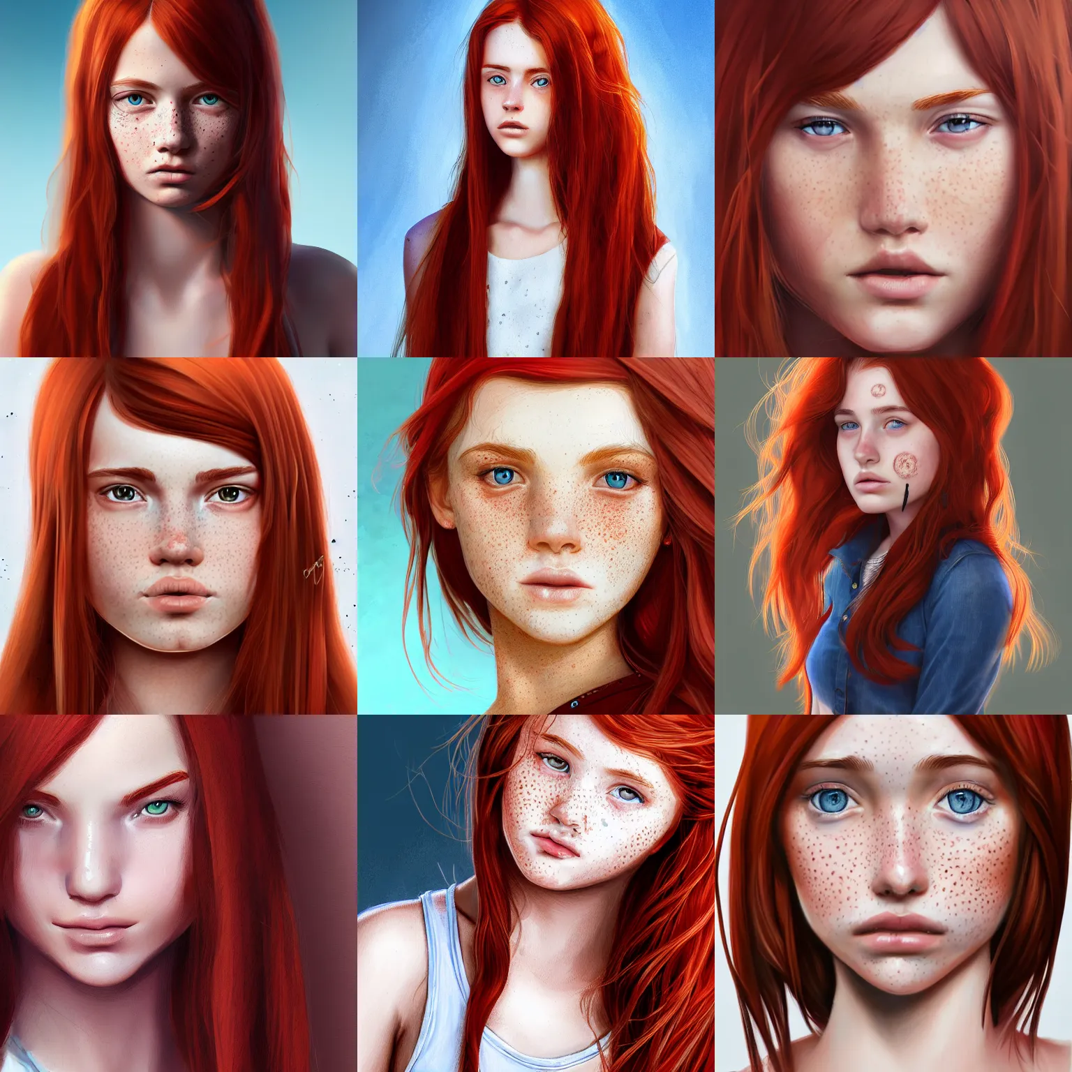 Prompt: portrait of a teen girl with freckles with long red hair and brown eyes, 8 k, highly detailed, digital painting, artstation, sharp focus, illustration