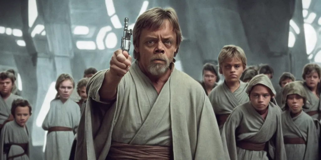 Prompt: A still of Mark Hamill as Jedi Master Luke Skywalker training a room full of young Jedi padawans, with large windows showing a sci-fi city outside, at dusk at golden hour