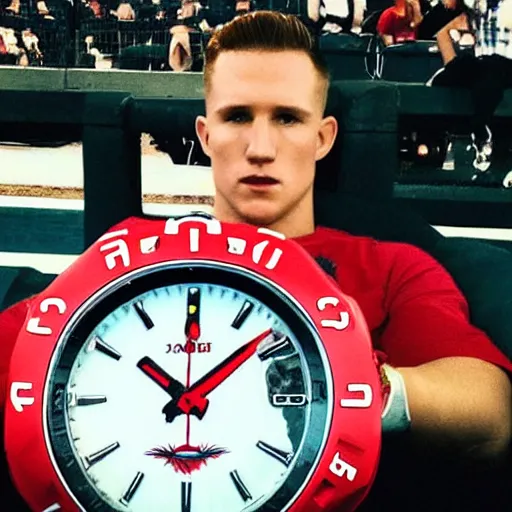 Image similar to “a realistic detailed photo of a guy who is named Mike Trout a baseball player , hypnotized by Tom Holland using a watch”