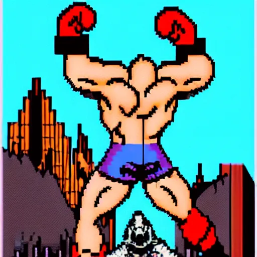 Prompt: full body portrait. 8 bit graphics. antropomorphic muscular masculine wolf, kickboxer fighter, in shorts, in front of destroyed city. wolf head. furr on body. at night. 1 9 8 9