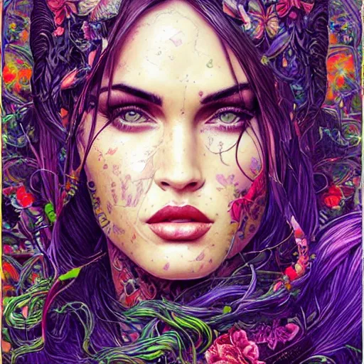 Image similar to portrait of megan fox, hyper detailed masterpiece, neon floral pattern, jean giraud, digital art painting, darkwave goth aesthetic, psychedelic, artgerm, donato giancola and tom bagshaw