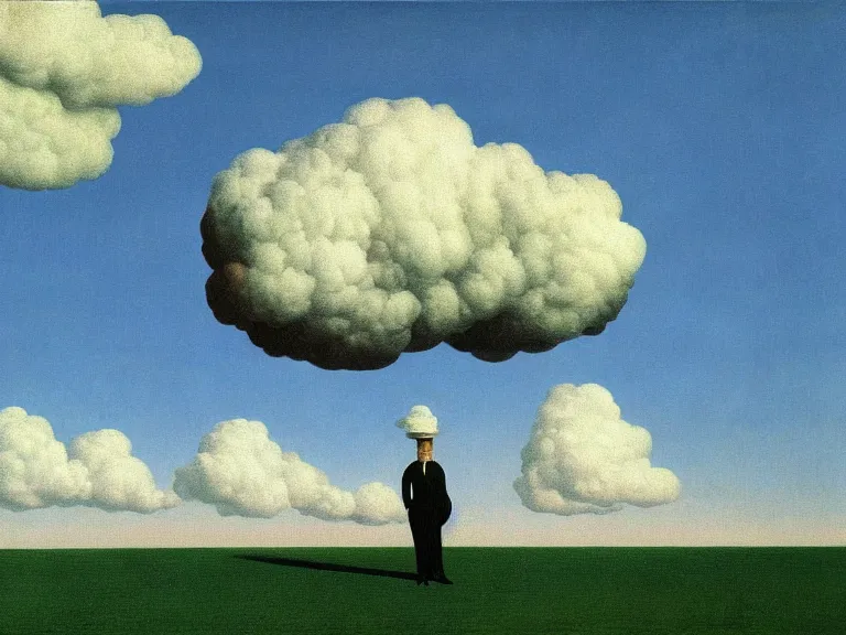 Prompt: man made out of clouds, painting by rene magritte, high detail, high resolution