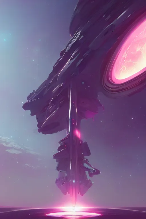 Image similar to spaceship in front of a pink planet, art by guweiz, dramatic lighting, highly detailed, incredible quality, trending on artstation