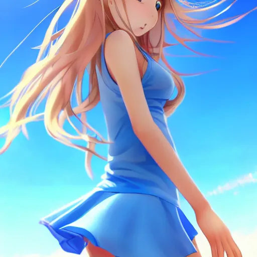 Image similar to a very beautiful young anime tennis girl, full body, long wavy blond hair, sky blue eyes, full round face, bikini, miniskirt, front view, mid - shot, highly detailed, cinematic wallpaper by stanley artgerm lau