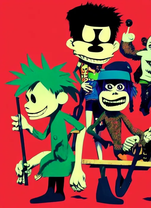 Image similar to gorillaz, official art by jamie hewlett, press shot, phase 2, four characters