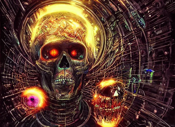 Image similar to a futuristic skull with glowing eyes and a wormhole tunnel cyberpunk art by android jones