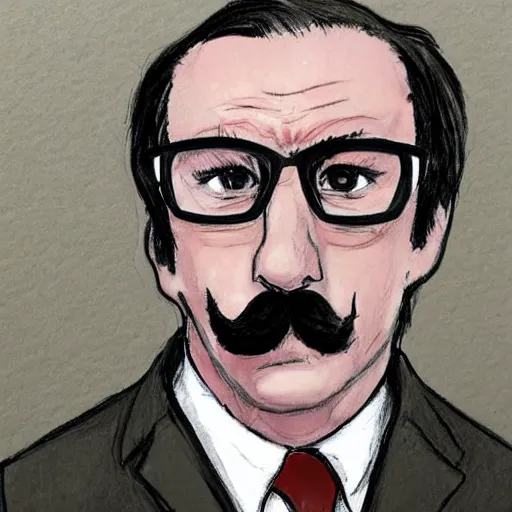 Prompt: court sketch of saul goodman looking defeated, with trimmed mustache, wearing glasses, wearing prison jumpsuit, testifying, sketch by jeff kandyba, jane rosenberg, elizabeth williams, howard brodie, marilyn church h