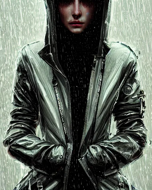 Image similar to detailed portrait European Pretty Modern Girl Dithering ditherpunk dither-punk Rain, Reflective jacket coat, Futuristic sci-fi fashion, royal attire by ismail inceoglu dragan bibin hans thoma greg rutkowski Alexandros Pyromallis Nekro Rene Margitte illustrated Perfect face, fine details, realistic shaded, fine-face, pretty face