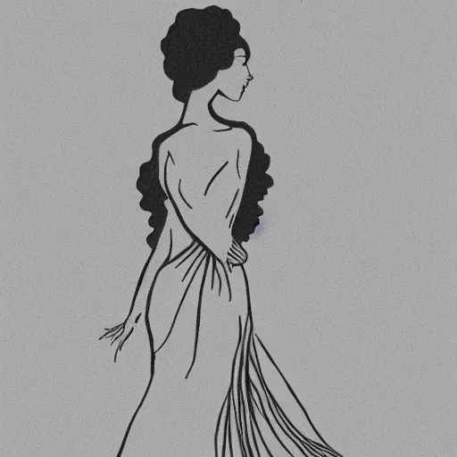 Image similar to a black and white drawing of the silhouette of a woman with long curly tied hair using a dress