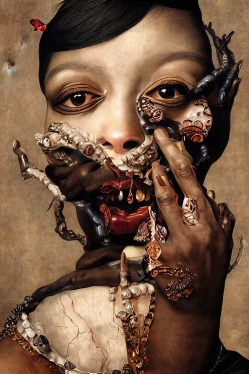 Image similar to Detailed maximalist portrait with dark skin, with large lips and with large white eyes, exasperated expression, HD mixed media, 3D collage, highly detailed and intricate, surreal illustration in the style of Caravaggio, dark art, baroque