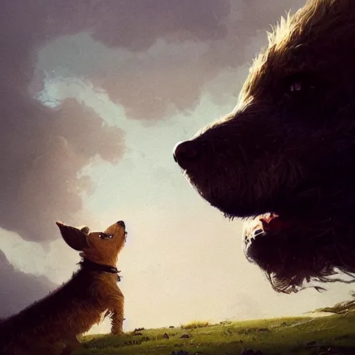 Prompt: the side view of the head of a dog, a little terrier, looking up a huge dragon flying overhead, beautiful fantasy painting by greg rutkowski