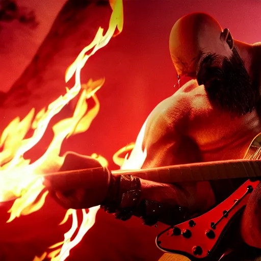 Prompt: kratos shredding on a flaming stratocaster guitar, cinematic render, god of war 2 0 1 8, santa monica studio official media, sunglasses, lightning, spartan rage