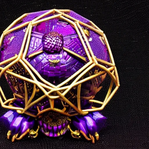 Image similar to ornate and intricate dodecahedron made of purple crystals and gold wires in the form of a anatomical correct skull, dark moody background