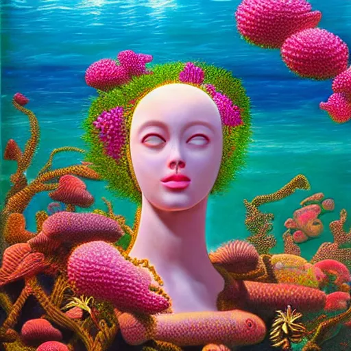 Image similar to surreal ocean, sea, water, pool, checkerboard pattern, award winning masterpiece with incredible details, a surreal vaporwave vaporwave vaporwave vaporwave vaporwave painting by Thomas Cole of an old pink mannequin head with light beaming out of its eyes, flowers growing out of its head, sinking underwater, ocean waves, highly detailed, shocking