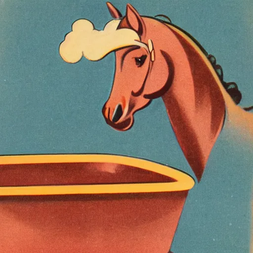 Image similar to vintage 1 9 5 0 s illustration of a horse sitting in a tub full of baked beans