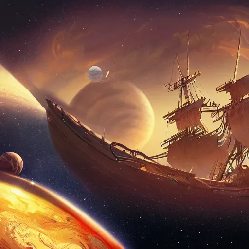 Image similar to pirate ship sailing through space with distant planets visible in the background no water, trending on artstation, ultra fine detailed, hyper detailed, hd, concept art, digital painting