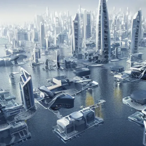 Prompt: a futuristic city floating on water with flying cars, wide angel shot