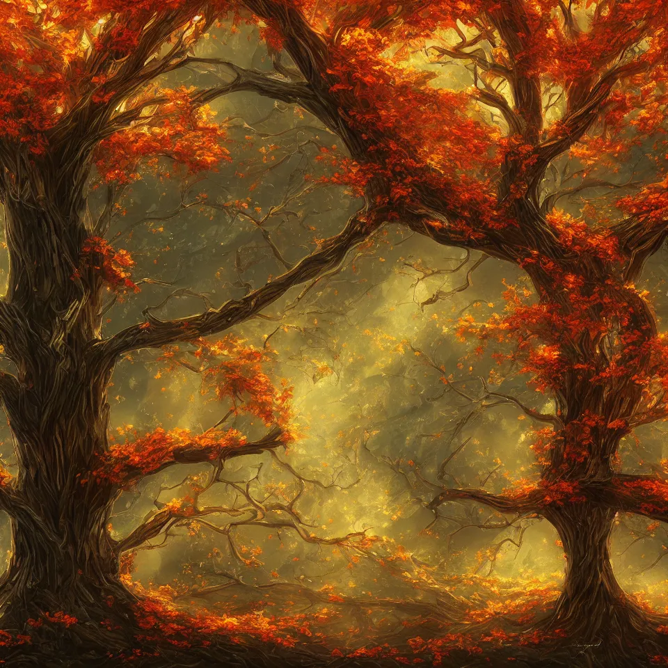 Image similar to tree,beautiful autumn, digital art, concept art, fantasy art, highly detailed, HD wallpaper, artstation, Deviantart, abeyance