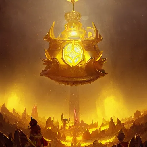 Prompt: a holy giant ringing bell made of gold, yellow theme, bright art masterpiece artstation. 8 k, sharp high quality artwork in style of jose daniel cabrera pena and greg rutkowski, concept art by tooth wu, blizzard warcraft artwork, hearthstone card game artwork, giant ringing bell