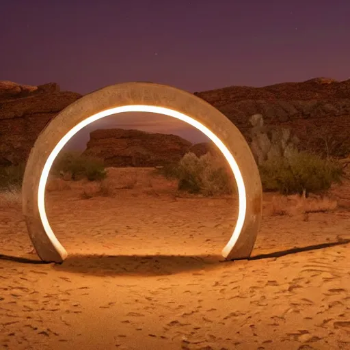 Prompt: a luminous circular stargate in the desert through which an ancient jungle is visible in the style of midjourney