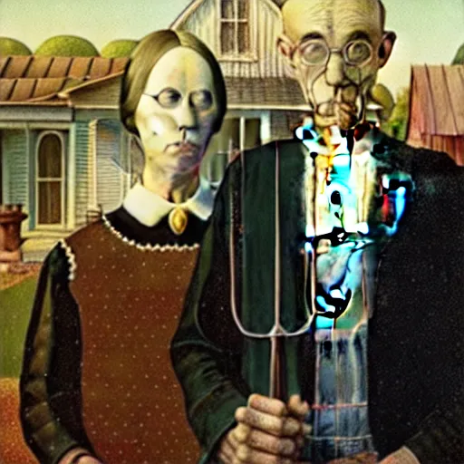Image similar to “A couple of grim farmer robots in the style of American Gothic, 1930 painting by Grant Wood, Royal Academy of Arts”