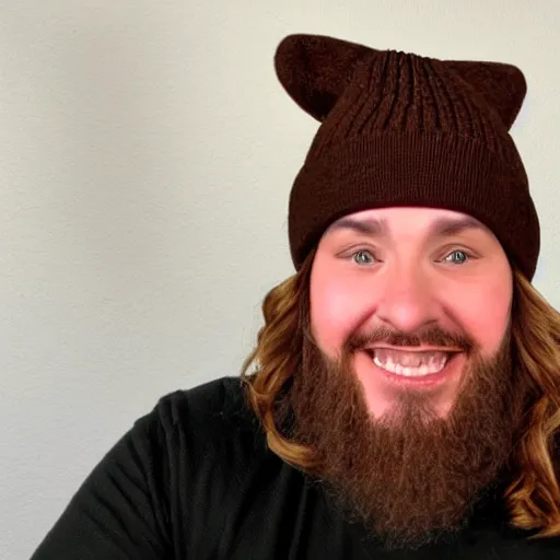 Image similar to chubby Jesus Christ wearing a brown beanie doing a livestream on YouTube
