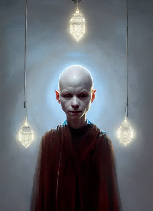 Image similar to portrait of an albino bald sick child oracle, ancient oracle, intricate, elegant, glowing lights, highly detailed, digital painting, artstation, concept art, smooth, sharp focus, art by wlop, mars ravelo and greg rutkowski