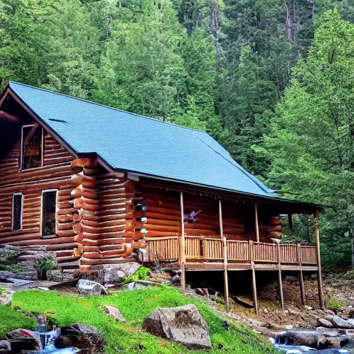 Prompt: log cabin in the mountains next to a creek on a beautiful day