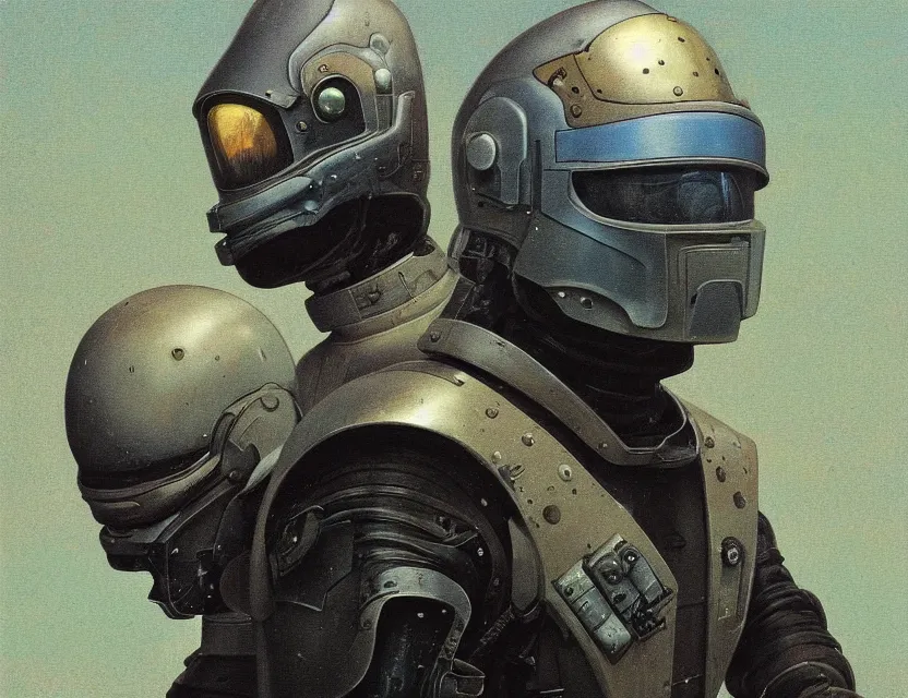 Image similar to a detailed portrait painting of a lone bounty hunter wearing combat armour and a reflective visor. Head and chest only. Movie scene, cinematic sci-fi scene. Flight suit, cloth and metal, accurate anatomy. portrait symmetrical and science fiction theme with lightning, aurora lighting. clouds and stars. Futurism by beksinski carl spitzweg moebius and tuomas korpi. baroque elements. baroque element. intricate artwork by caravaggio. Oil painting. Trending on artstation. 8k