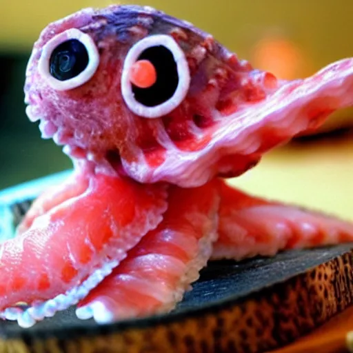 Image similar to an octopus gleefully transforms himself into sushi and sashimi