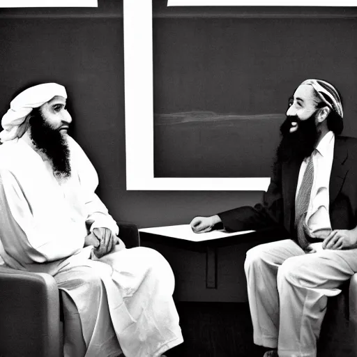 Prompt: Meeting between George Bush and Osama Bin Laden in 1995, realistic photograph, greyscale, world press winner